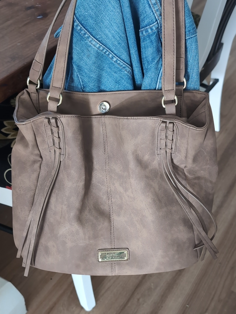 Nicole Miller Taupe Shoulder Bag with Braided Tassel Accents